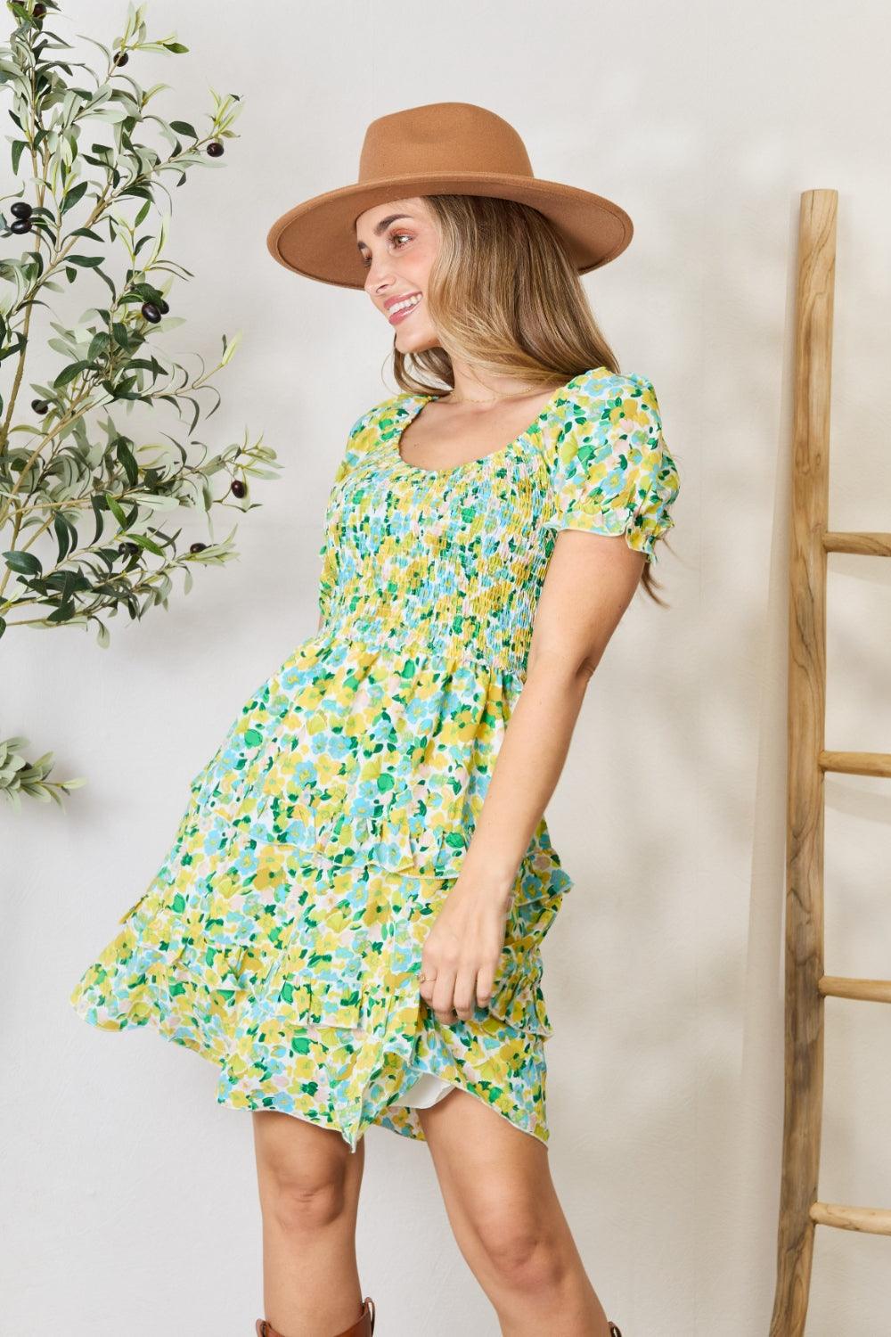 Yellow Floral Flounce Sleeve Mini Dress - Eclectage