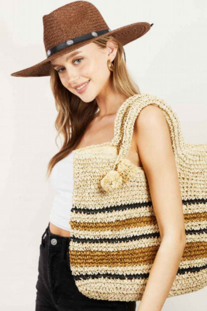 Striped Straw Braided Tote Bag - Eclectage