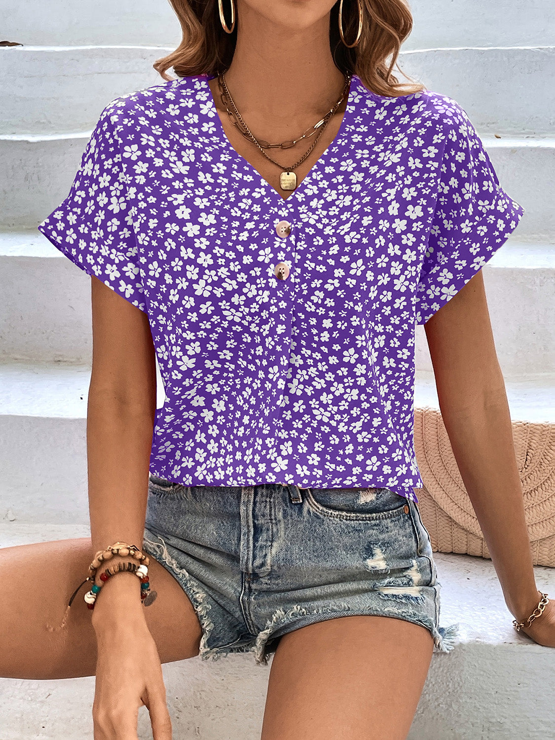 Floral V-Neck Short Sleeve Blouse - Eclectage