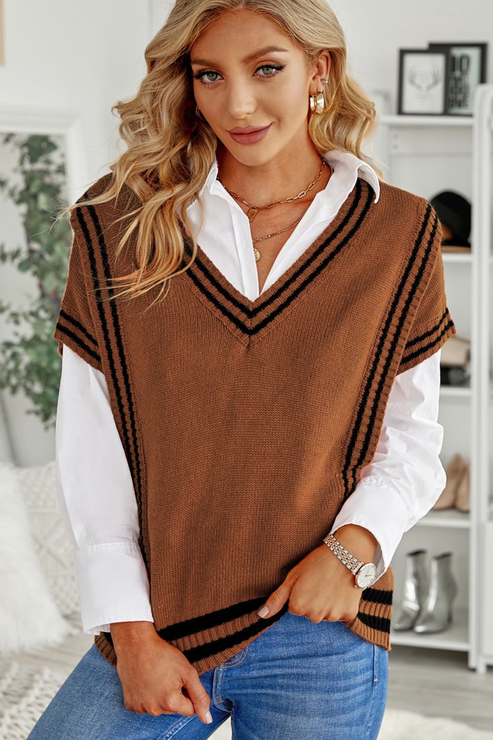 Striped Trim V-Neck Sweater Vest - Eclectage