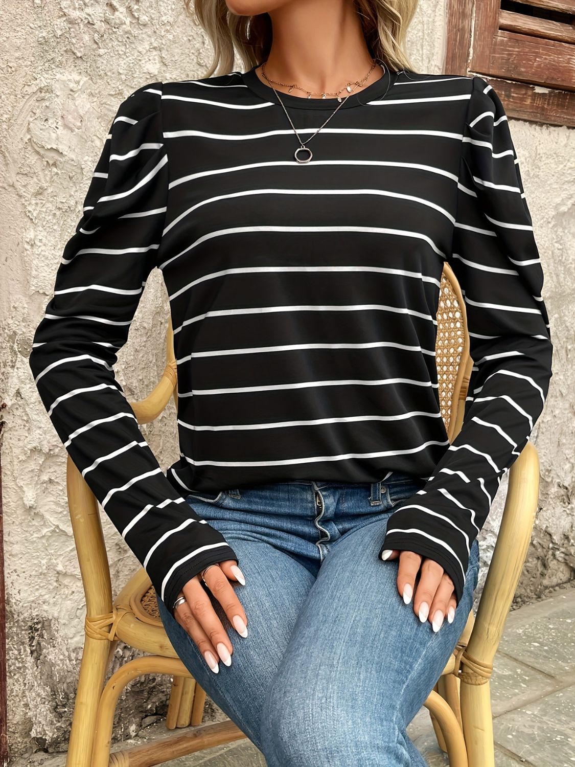 Full Size Striped Round Neck Puff Sleeve T-Shirt - Eclectage