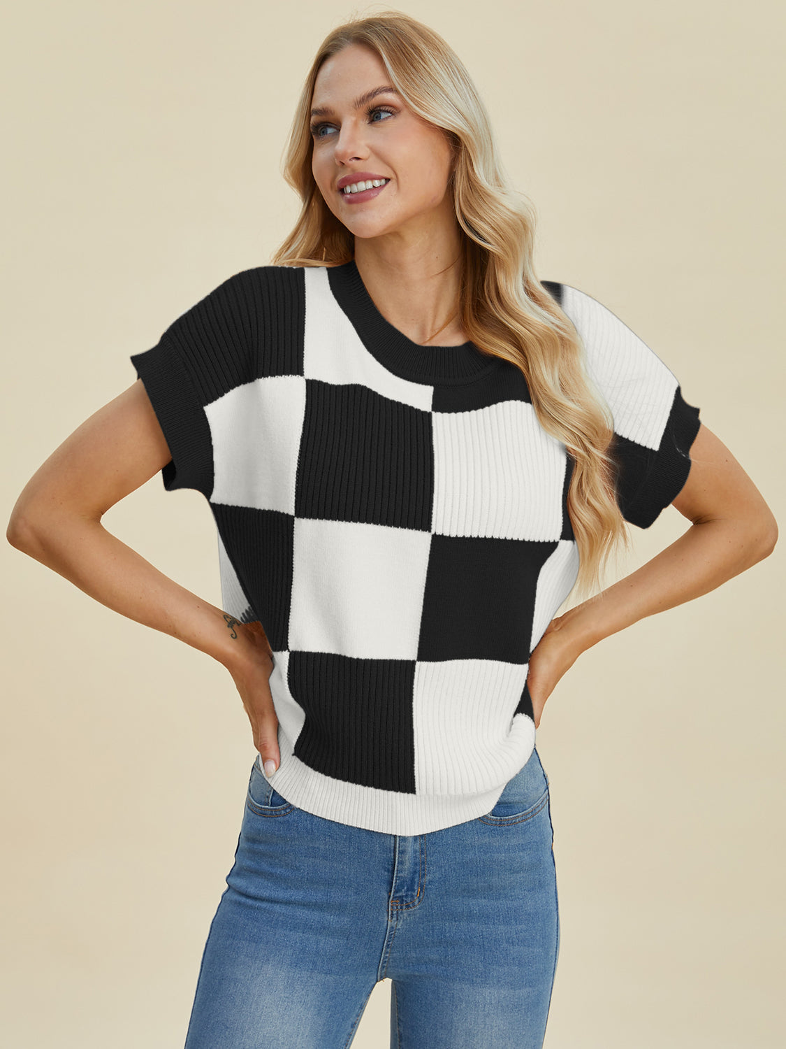 Double Take Full Size Checkered Round Neck Short Sleeve Sweater - Eclectage