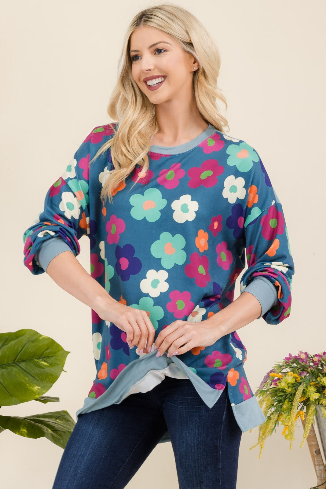 Celeste Full Size Side Slit Flower Print Long Sleeve Top - Eclectage