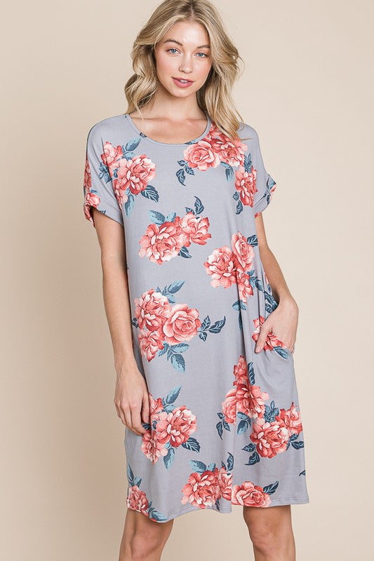 Gray Floral Short Tee Dress - Eclectage