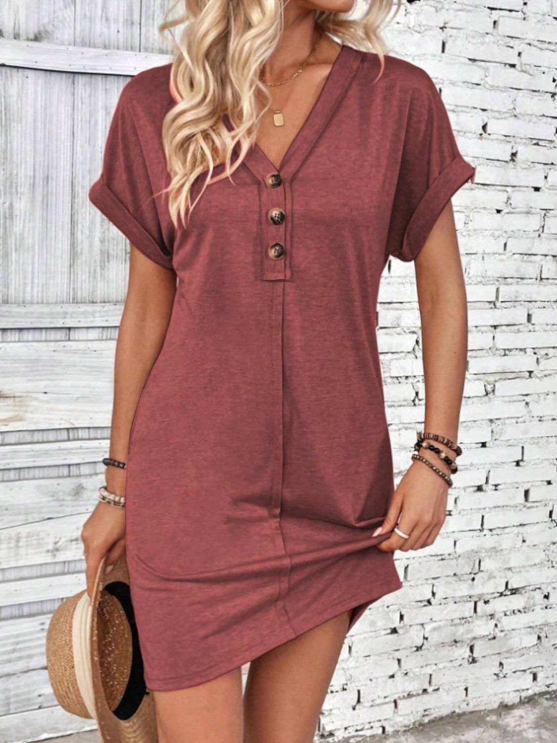 Quarter Button V-Neck Short Sleeve Dress - Eclectage