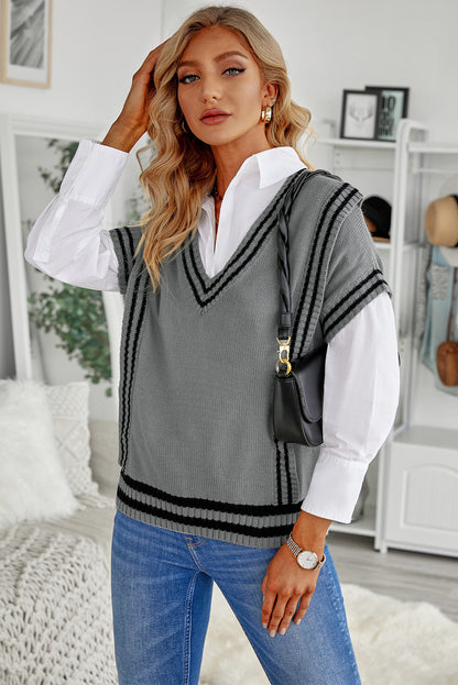 Striped Trim V-Neck Sweater Vest - Eclectage