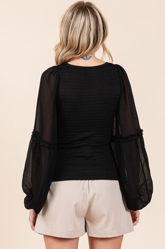 Mixed Media Textured Knit Chiffon Top - Eclectage