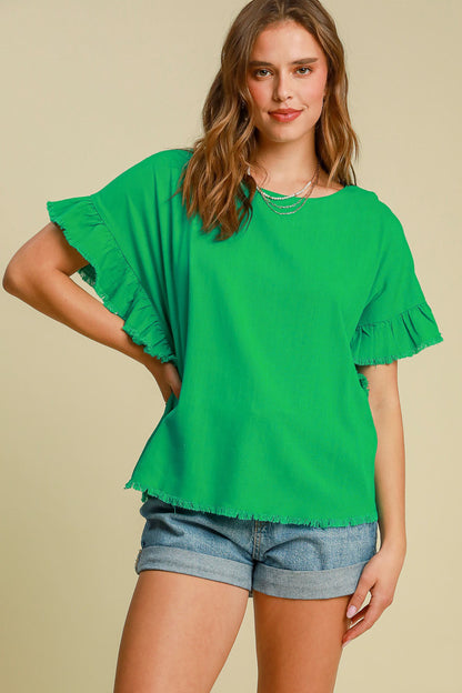 Umgee Full Size Raw Hem Ruffle Short Sleeve Blouse Plus Size - Eclectage