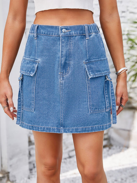 Pocketed Denim Buttoned Mini Skirt