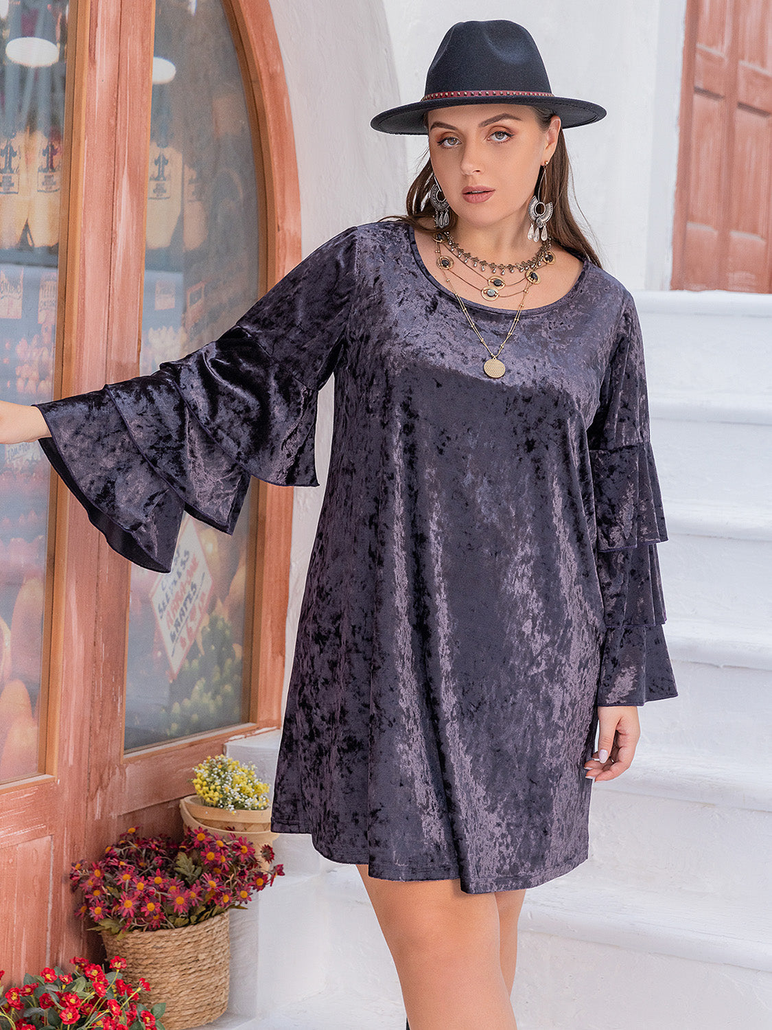 Plus Size Flounce Sleeve Mini Dress