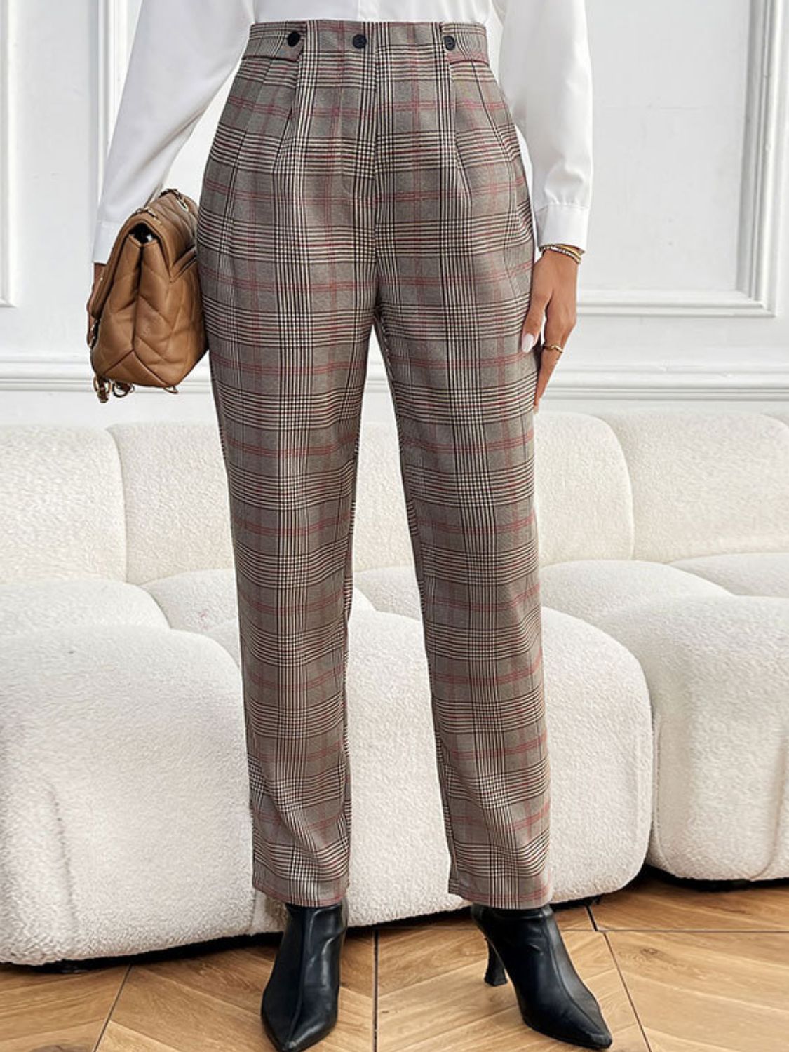 Taupe Plaid Pants, Straight Leg with Pockets - Eclectage