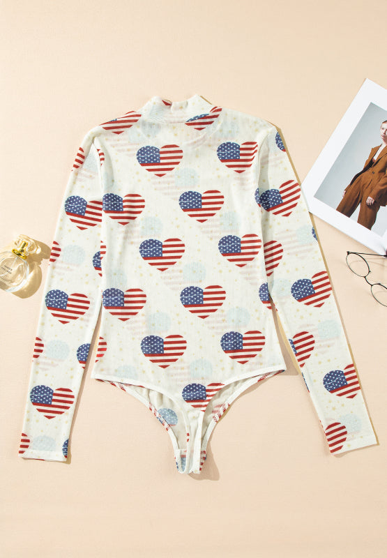 US Flag Heart Mock Neck Long Sleeve Bodysuit - Eclectage