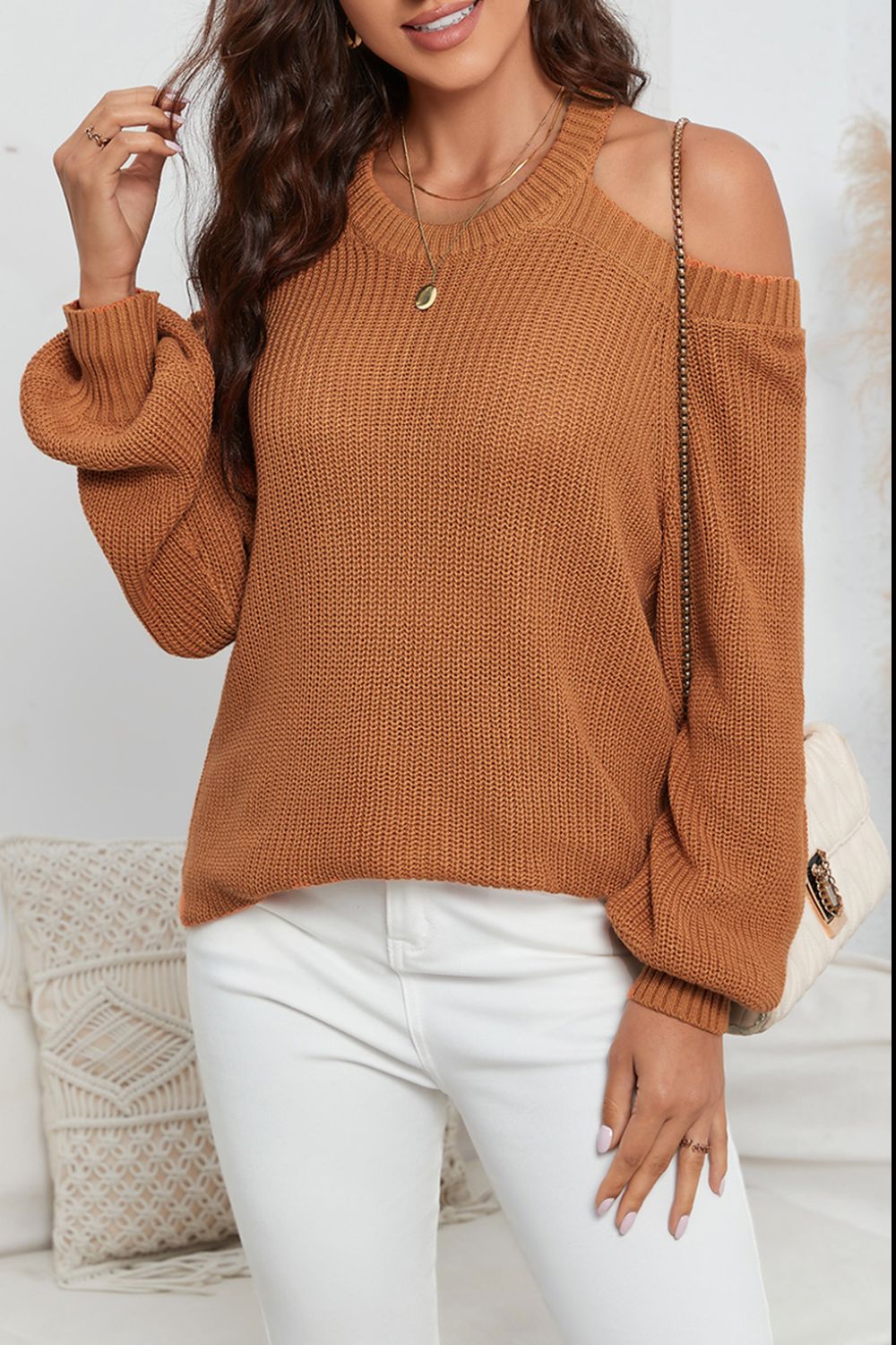 Cutout Back Cold Shoulder Long Sleeve Sweater - Eclectage