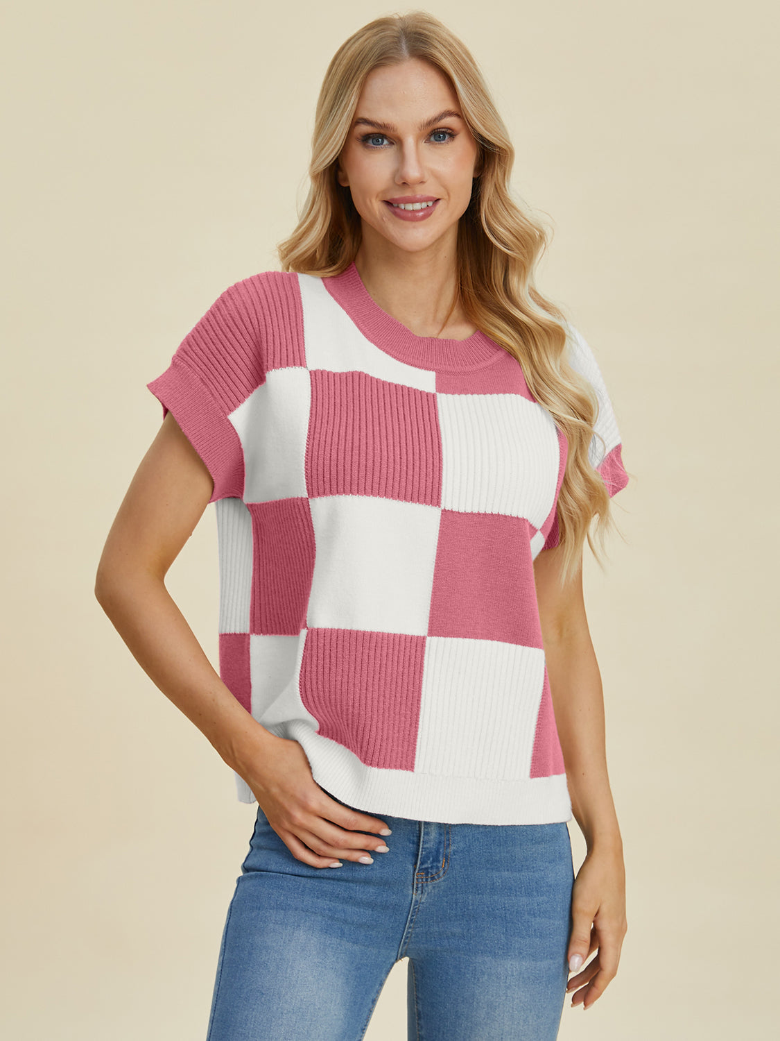 Double Take Full Size Checkered Round Neck Short Sleeve Sweater - Eclectage