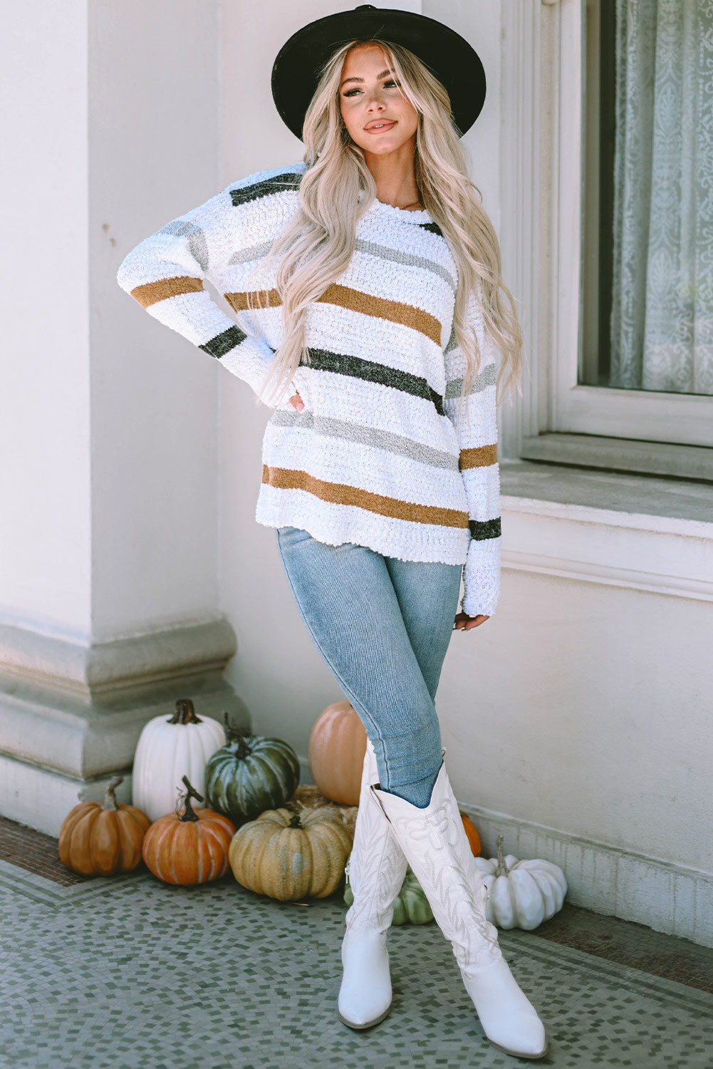 Striped Round Neck Dropped Shoulder Sweater - Eclectage