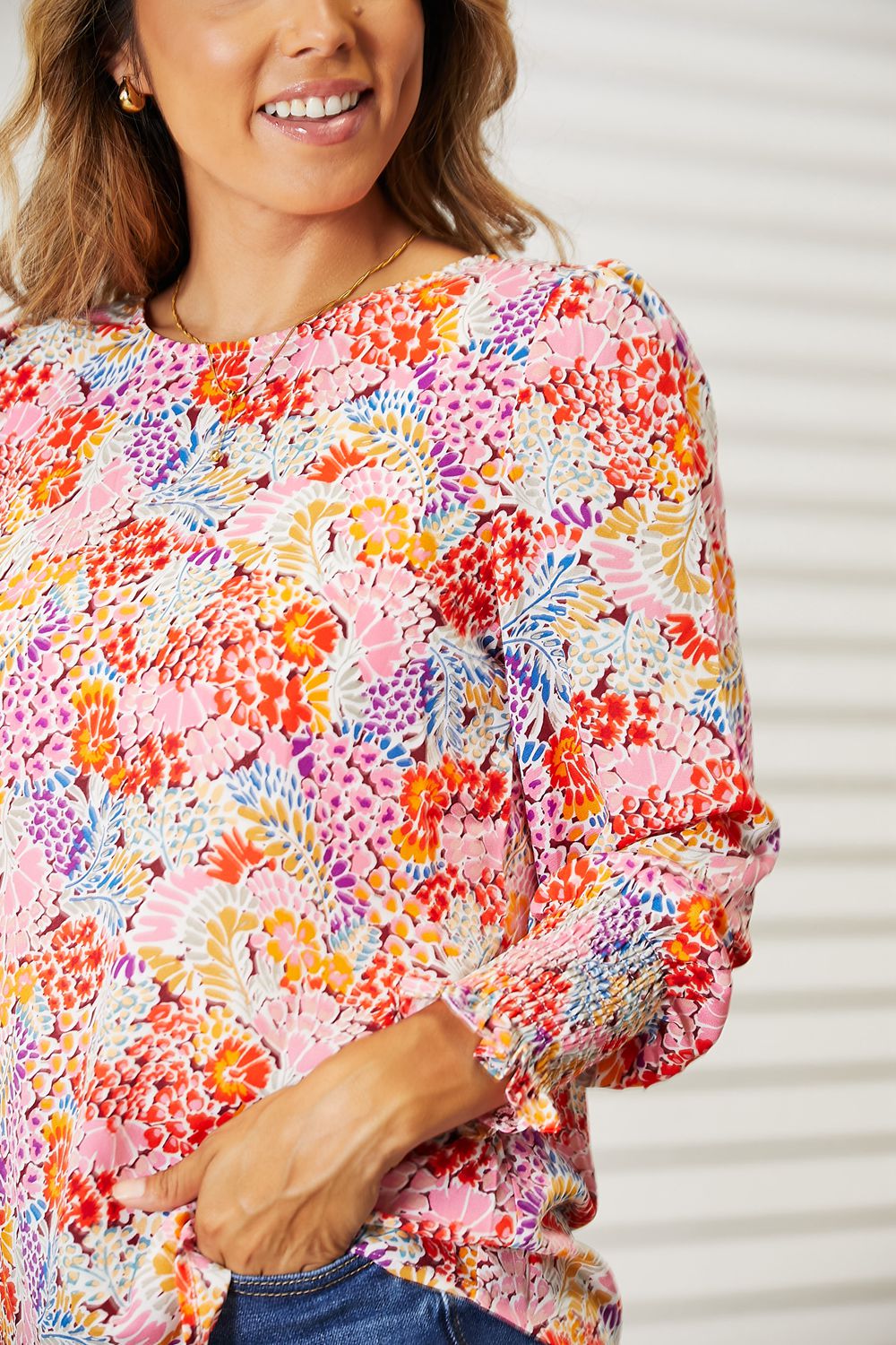 Double Take Floral Print Long Puff Sleeve Blouse - Eclectage