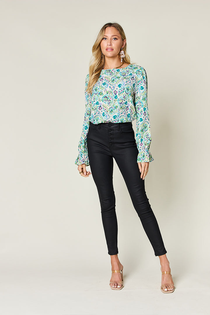 Long Sleeve Printed Flounce Sleeve Blouse - Eclectage