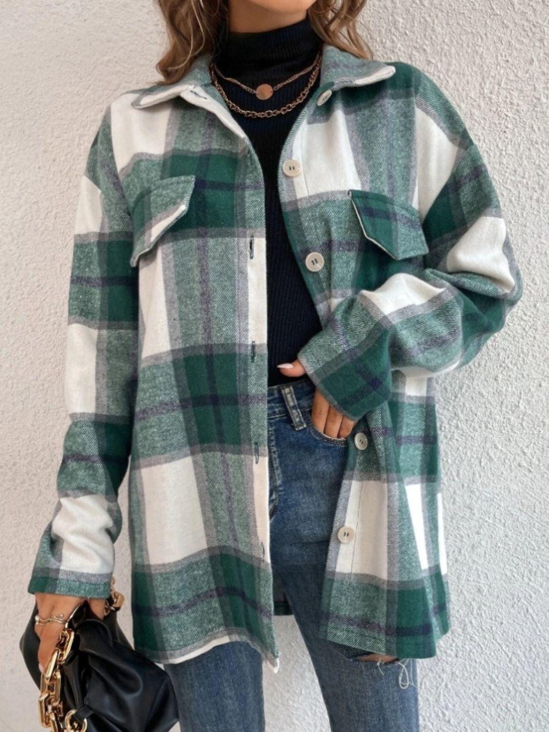 Green Plaid Dropped Shoulder Shacket - Eclectage