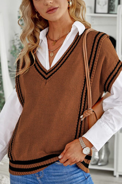 Striped Trim V-Neck Sweater Vest - Eclectage