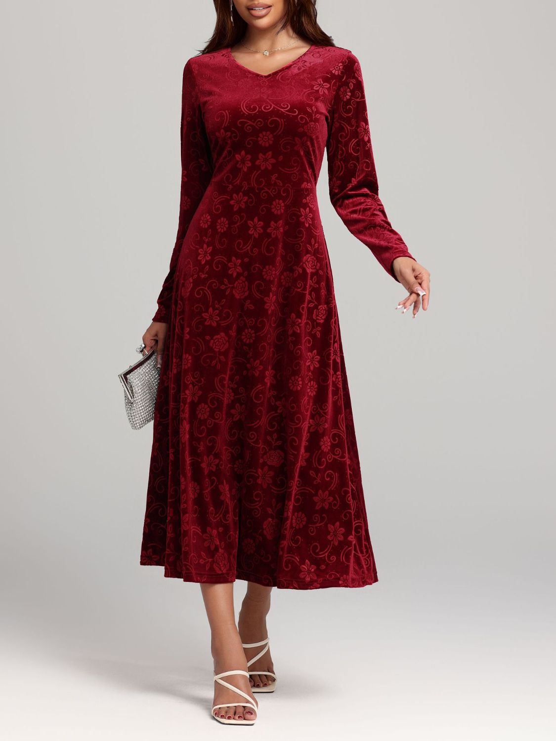 Burgundy Floral Velvet Long Sleeve Midi Dress - Eclectage