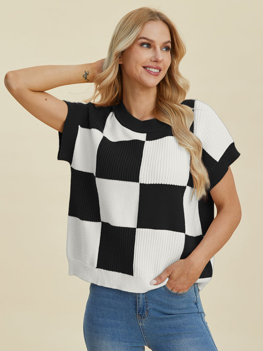 Double Take Full Size Checkered Round Neck Short Sleeve Sweater - Eclectage