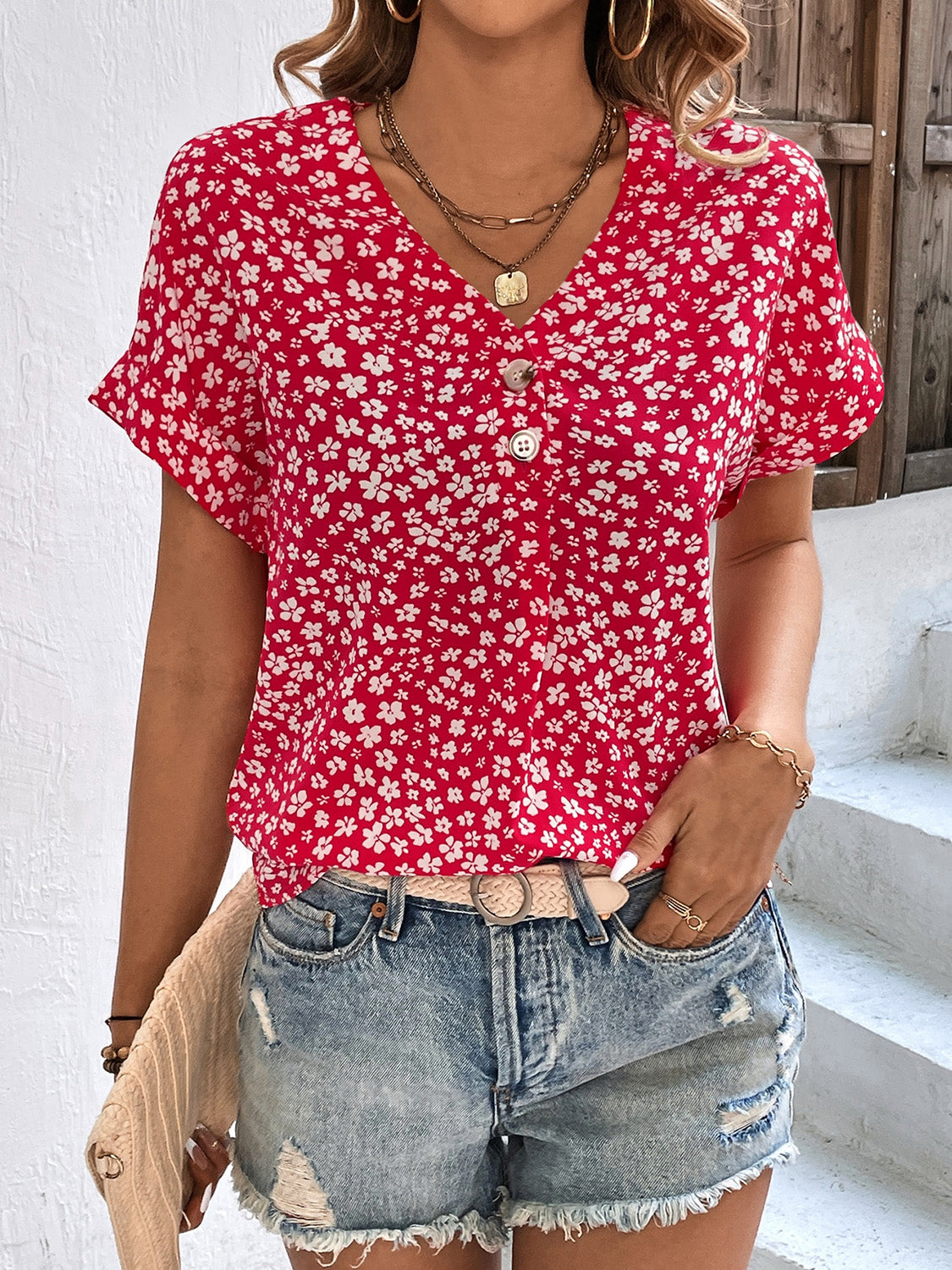 Floral V-Neck Short Sleeve Blouse - Eclectage