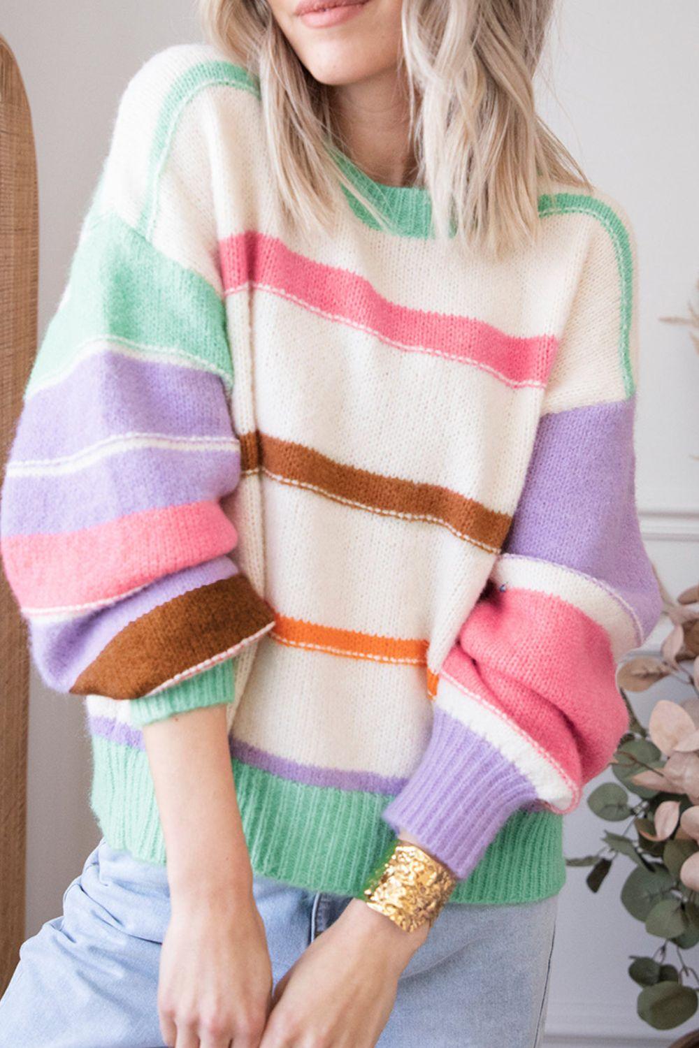 Contrast Striped Round Neck Drop Shoulder Sweater - Eclectage