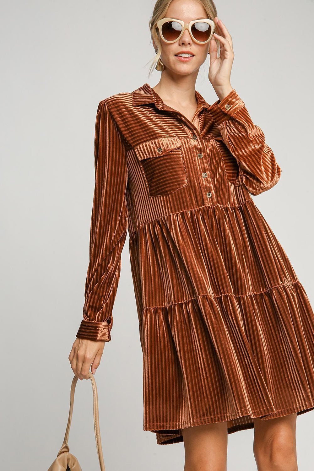 Copper Tiered Collared Long Sleeve Dress