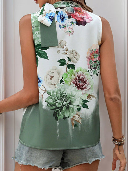 Tied Flower Printed Mock Neck Top - Eclectage