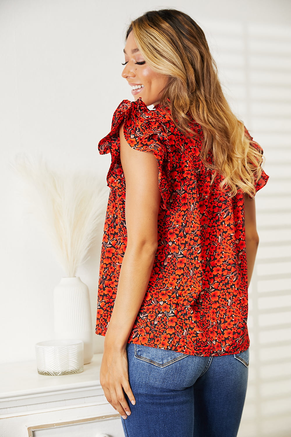 Double Take Floral Flutter Sleeve Notched Neck Blouse - Eclectage