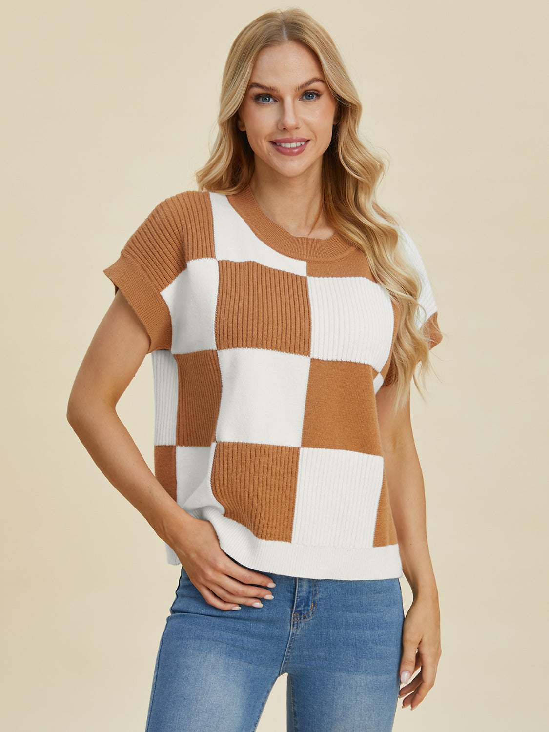 Double Take Full Size Checkered Round Neck Short Sleeve Sweater - Eclectage