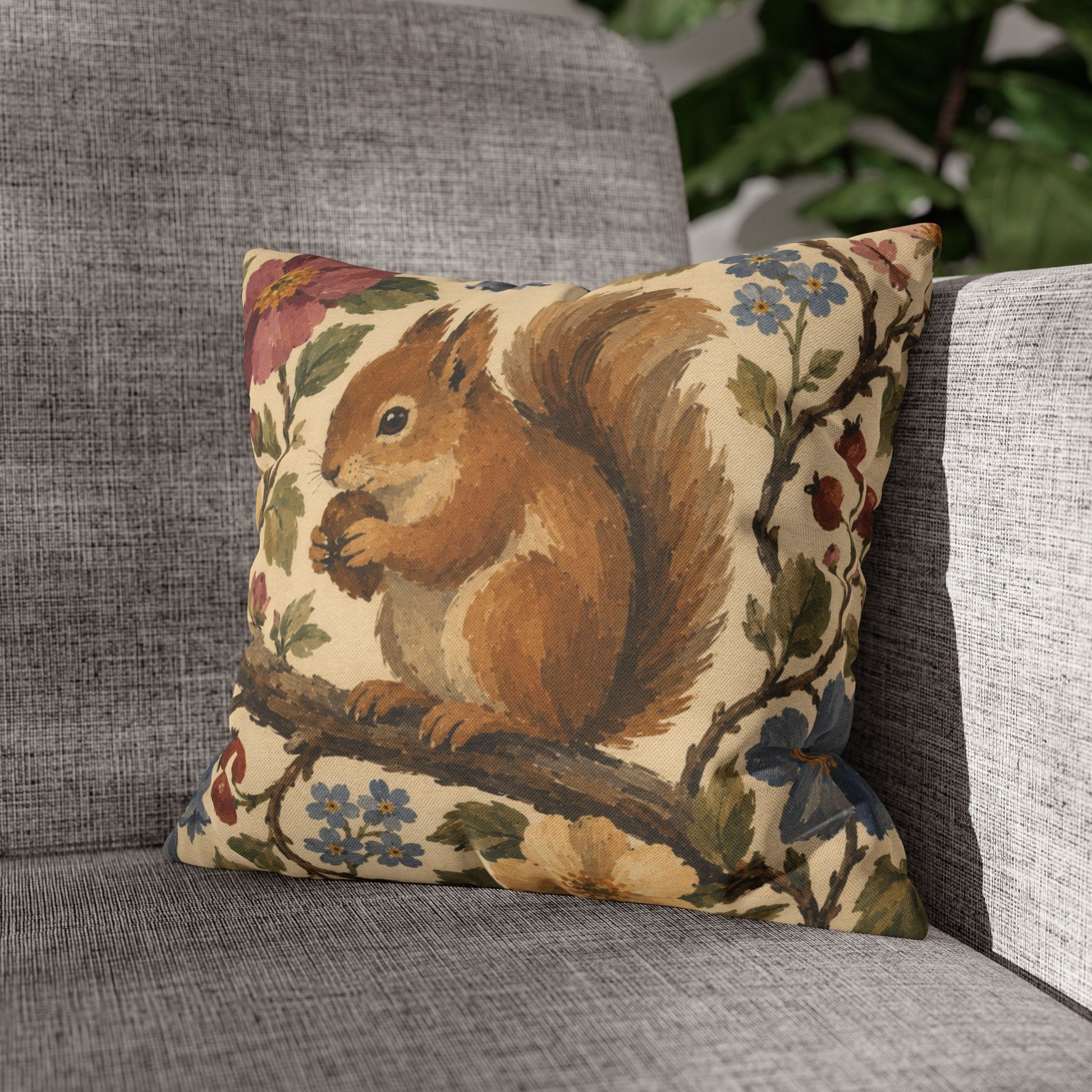 Squirrel Flower Throw Pillow Cover shown on couch