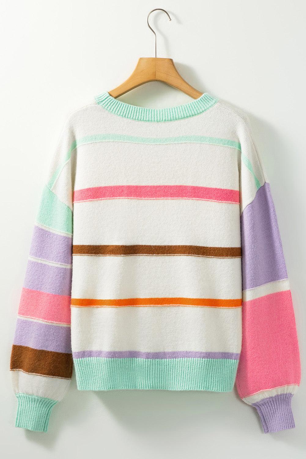 Contrast Striped Round Neck Drop Shoulder Sweater - Eclectage