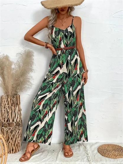 Tropical Print Spaghetti Strap Wide Leg Jumpsuit - Eclectage