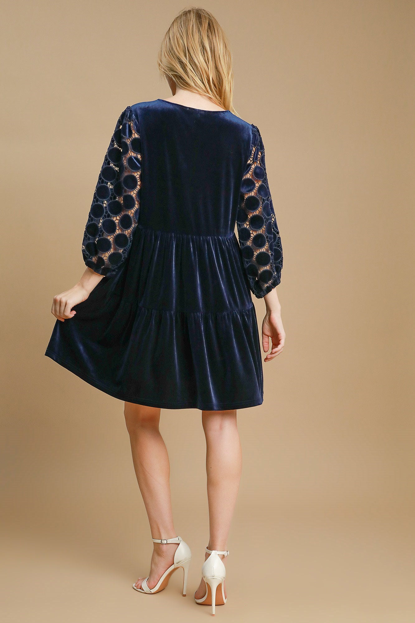 Navy Dotted Tiered Velvet Mini Dress - Eclectage