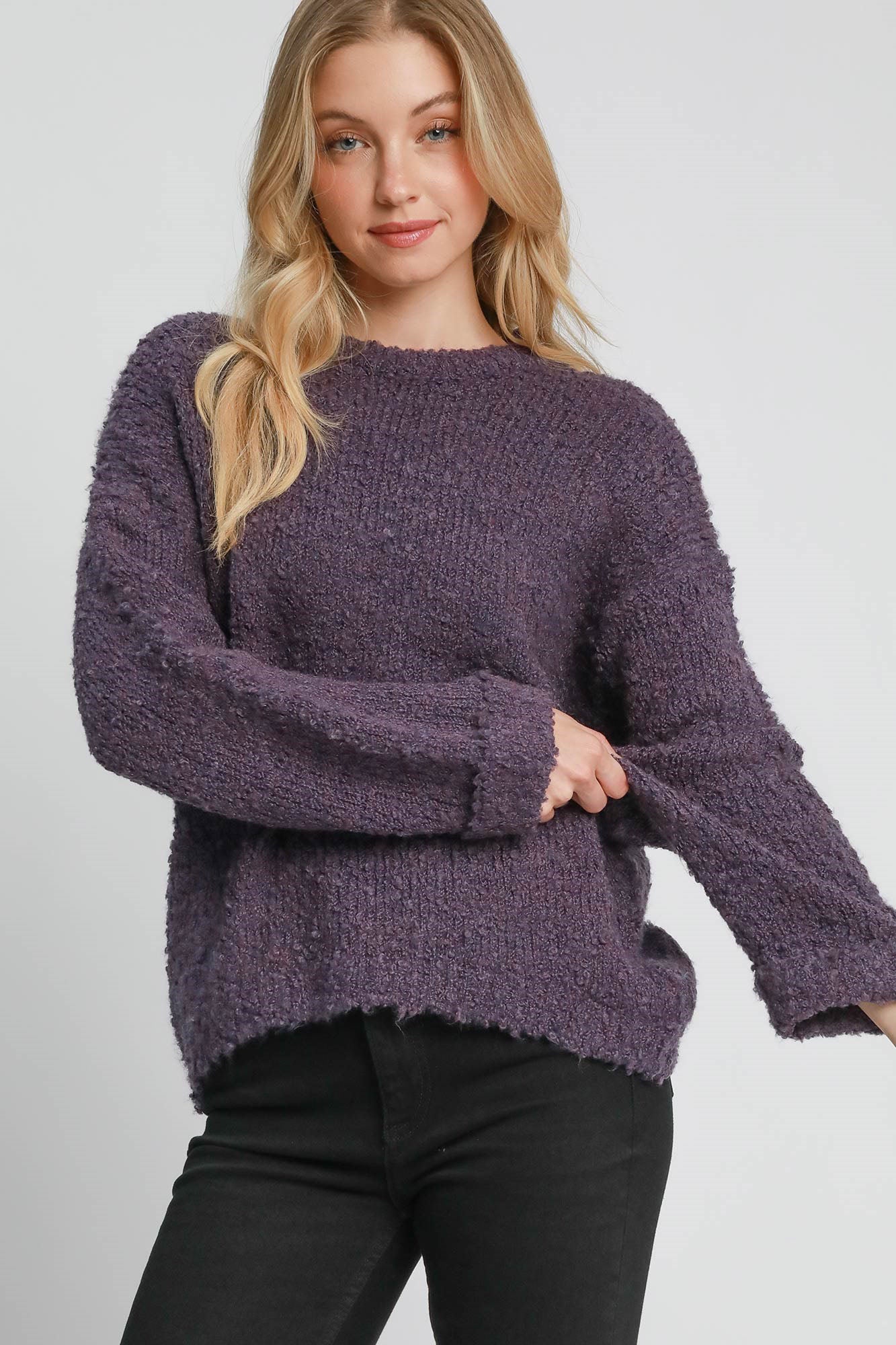 Umgee Full Size Round Neck Long Sleeve Boucle Sweater Plus Size - Eclectage