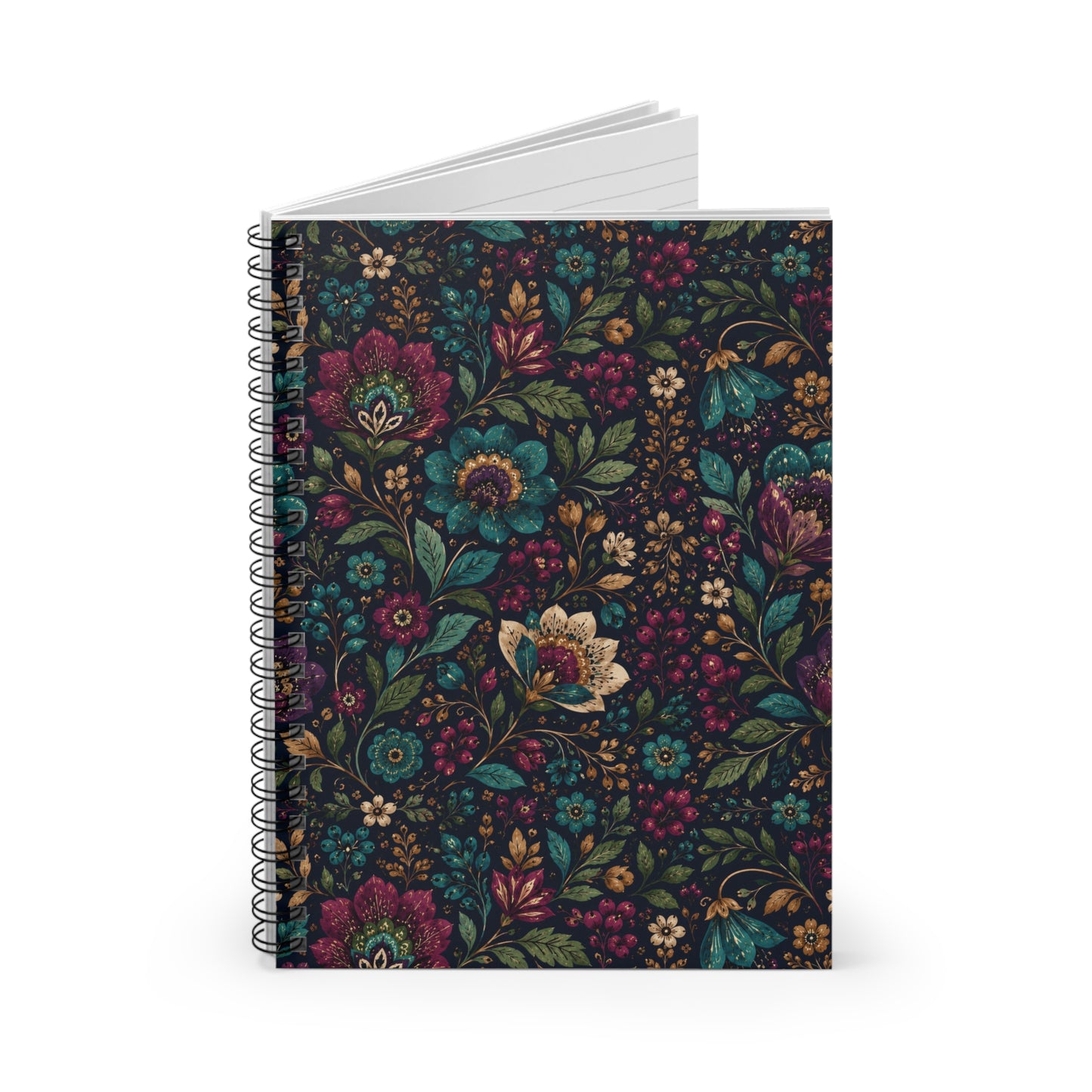Dark Boho Floral Spiral Notebook — Lined Journal with Botanical Cover