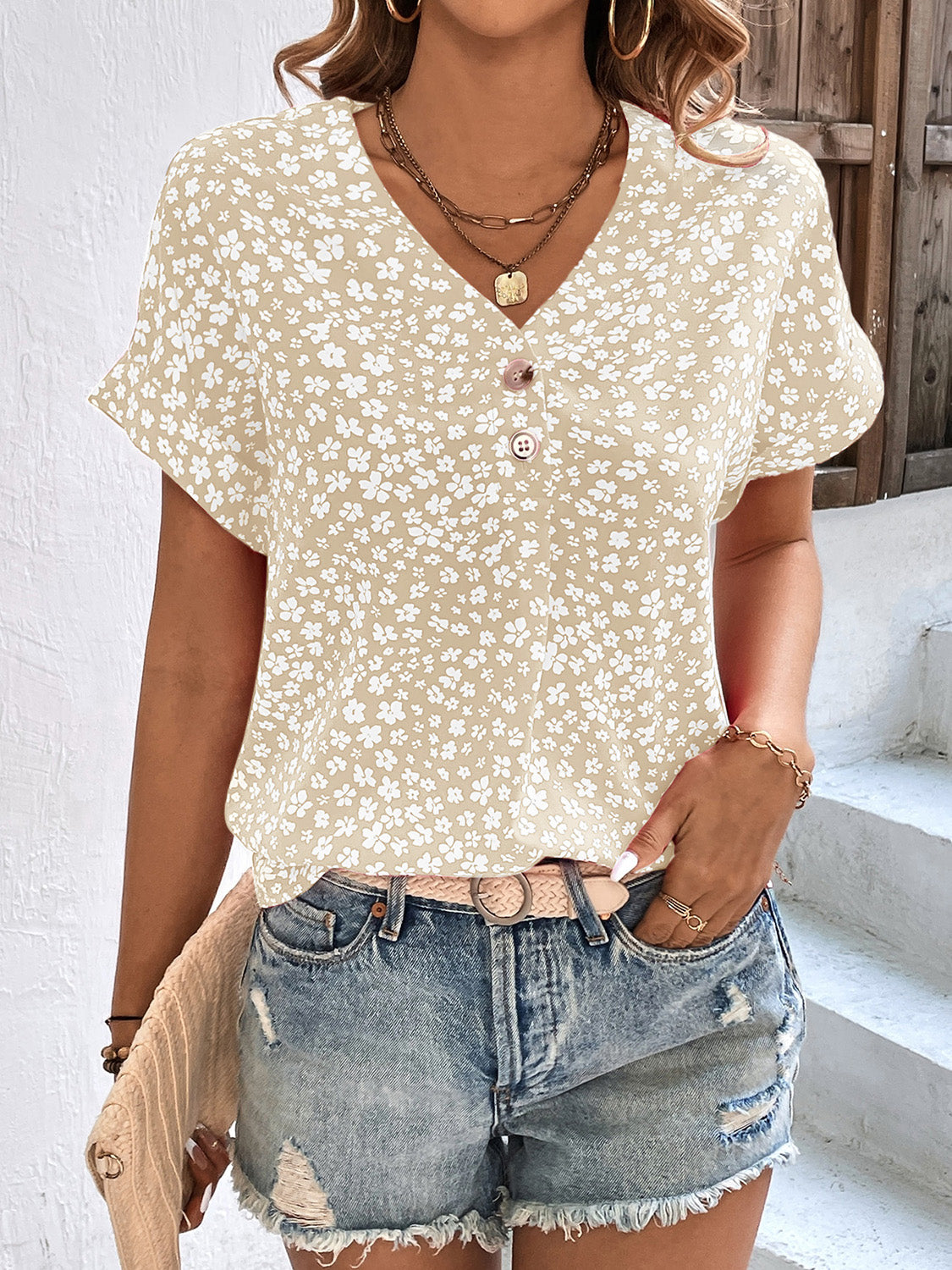 Floral V-Neck Short Sleeve Blouse - Eclectage