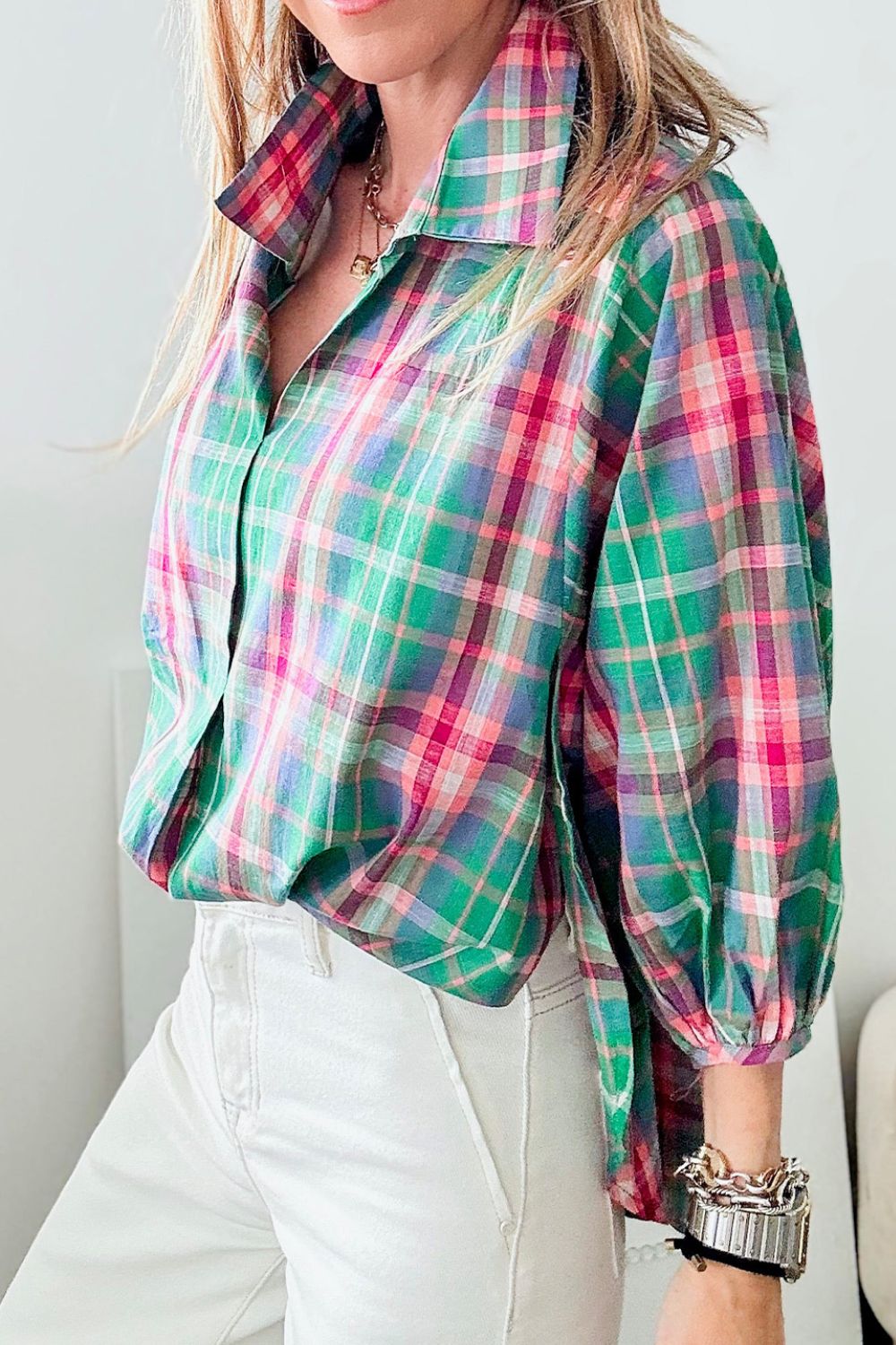 Plaid Collared Neck Three-Quarter Sleeve Shirt - Eclectage