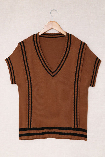 Striped Trim V-Neck Sweater Vest - Eclectage