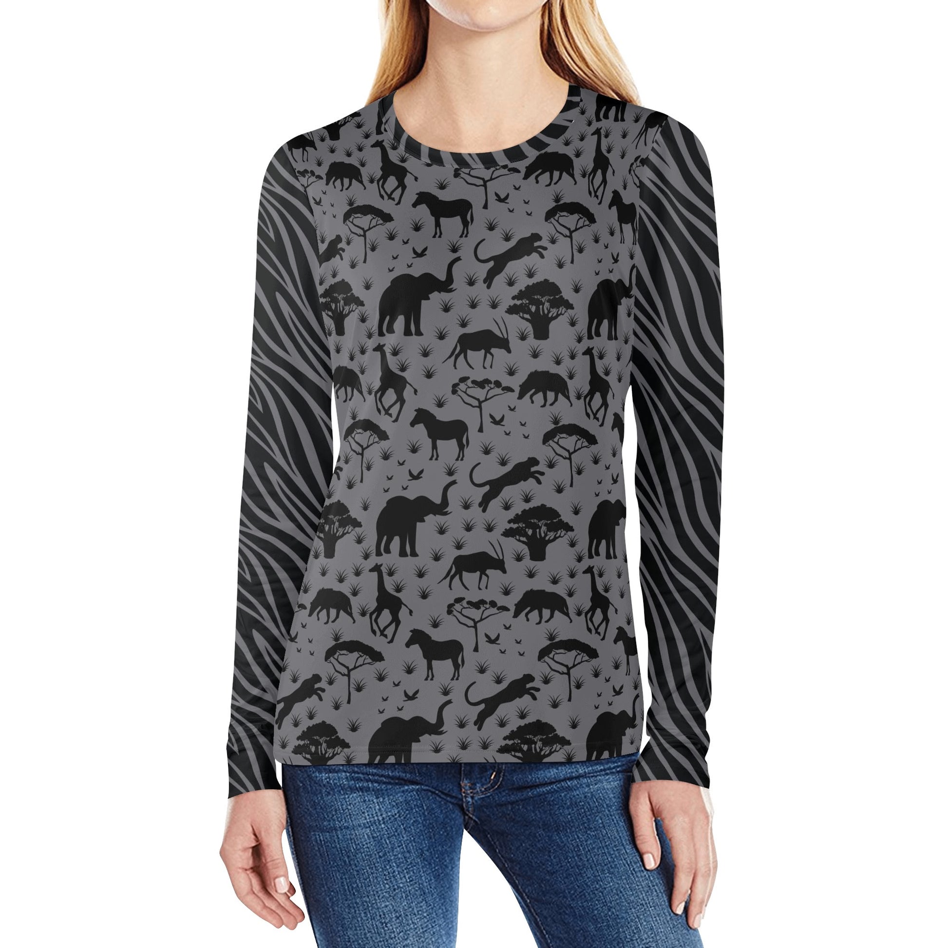 Gray Long Sleeve T-Shirt with African Safari Animals Print on Bodice and Zebra Print Sleeves and Collar