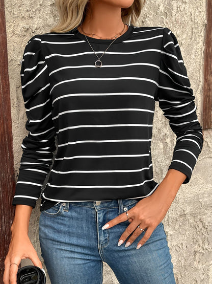 Full Size Striped Round Neck Puff Sleeve T-Shirt - Eclectage