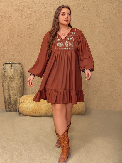 Plus Size Embroidered Tie Neck Mini Dress