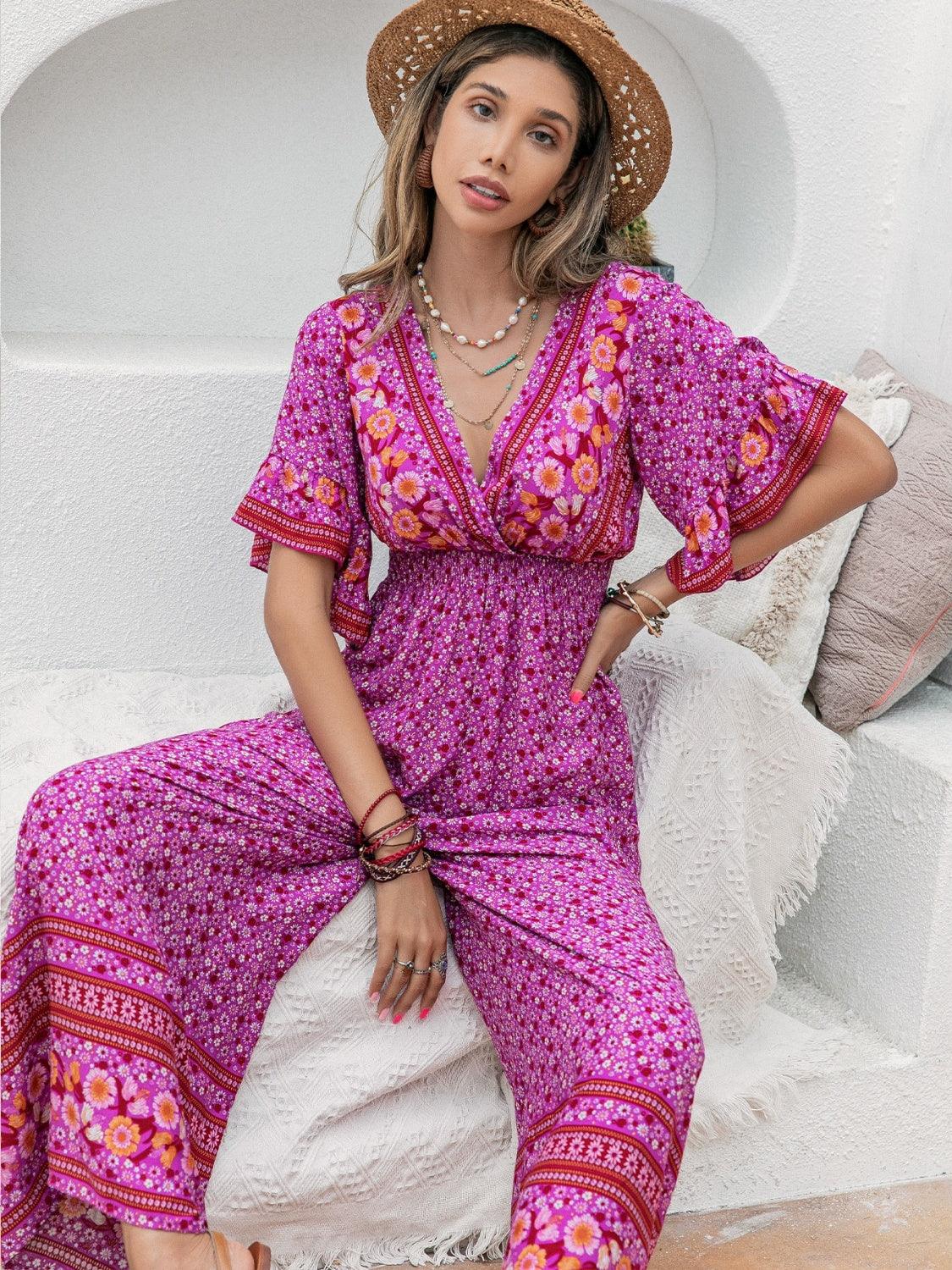 Floral Surplice Flutter Sleeve Jumpsuit - Eclectage