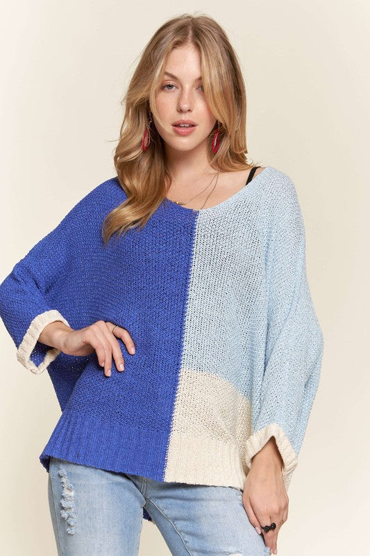 Side Slit Blue Color Block Sweater - Eclectage