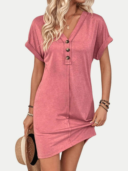 Quarter Button V-Neck Short Sleeve Dress - Eclectage