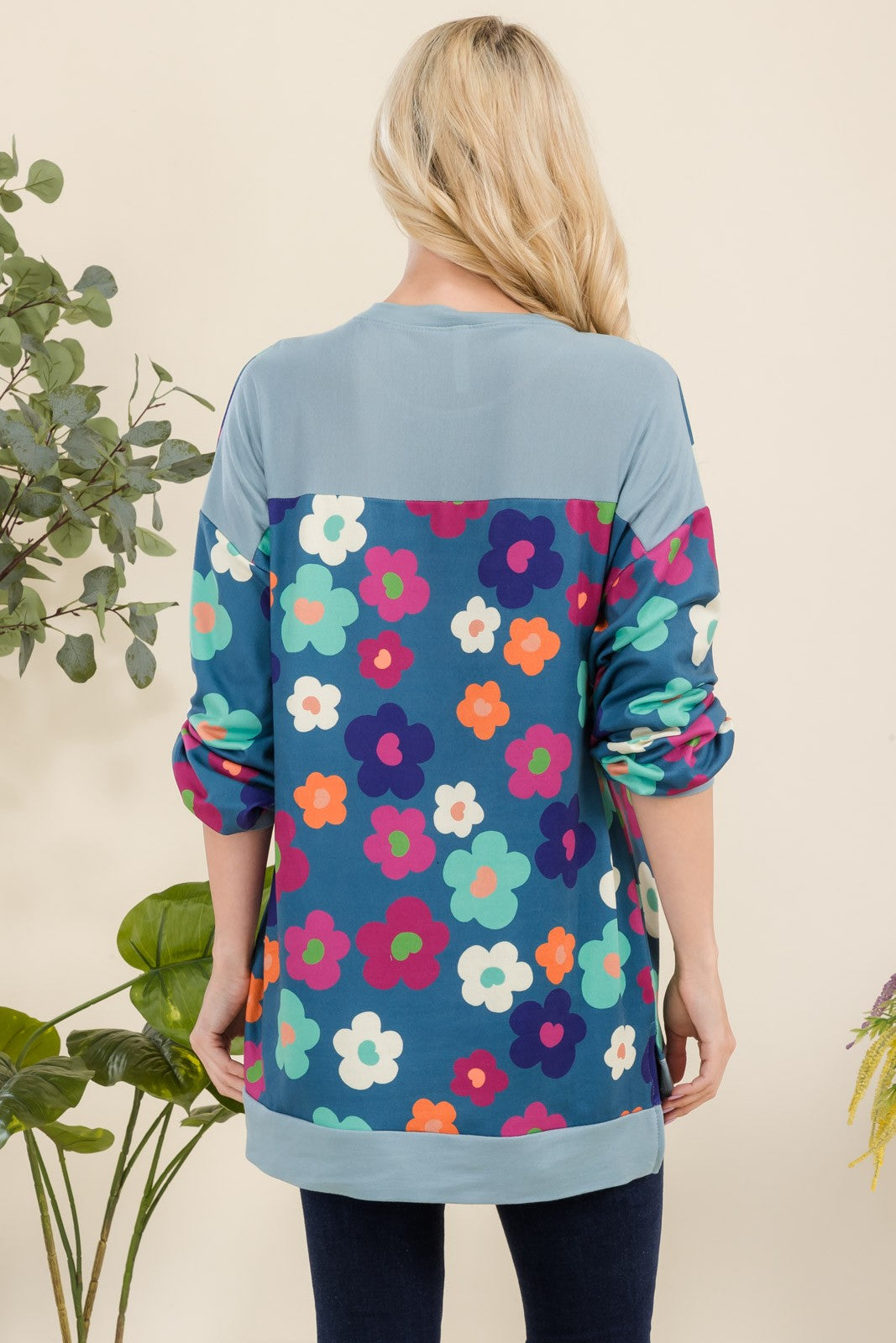 Celeste Full Size Side Slit Flower Print Long Sleeve Top - Eclectage