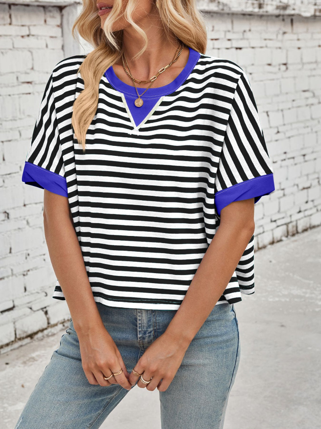 Lovelet Striped Round Neck Short Sleeve T-Shirt - Eclectage