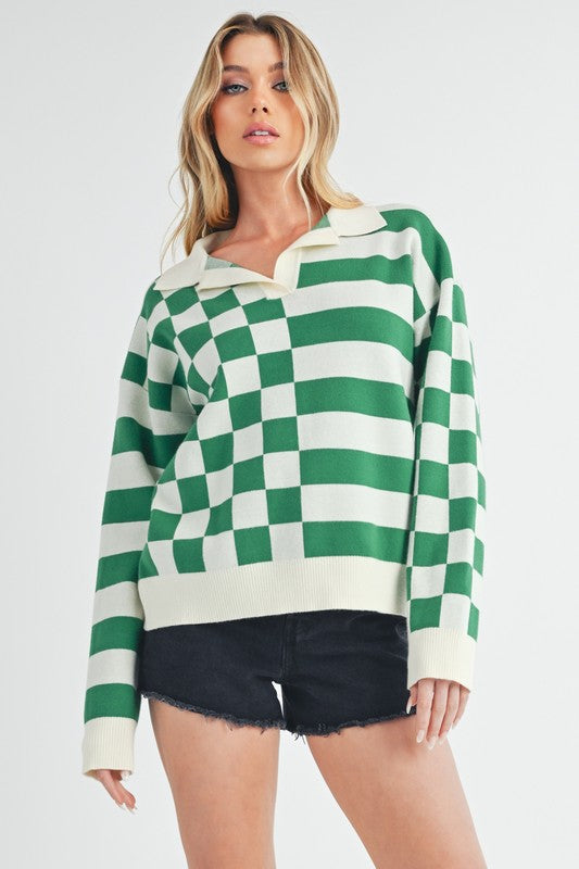 Green Striped & Checkered Drop Shoulder Sweater - Eclectage