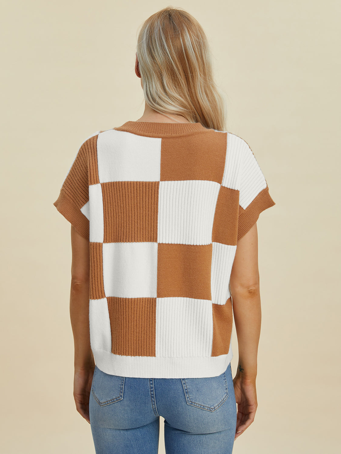 Double Take Full Size Checkered Round Neck Short Sleeve Sweater - Eclectage